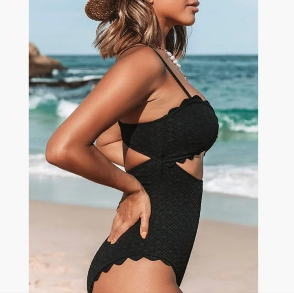 NWT The Cupshe Black Knotted Scalloped One Piece Swimsuit Small - Picture 2 of 12